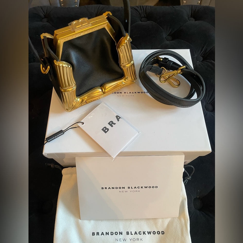 Brandon Blackwood Bamboo B Micro Tote in Black Leather with Brass Hardware